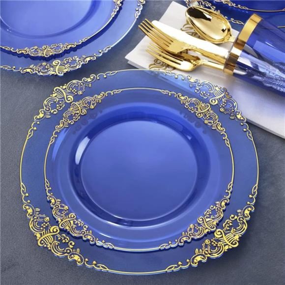 175PCS Clear BlueGold Plastic PlatesSet Include 25Dinner Plates,25Dessert Plates - Picture 3 of 7